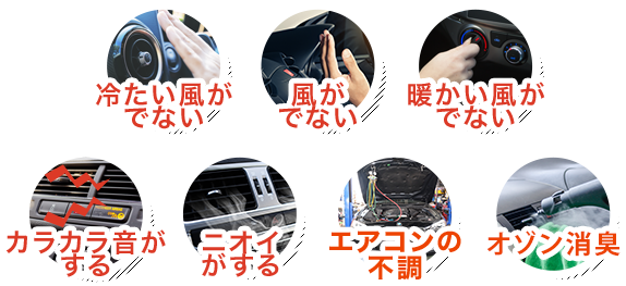 冷たい風がでない／風がでない／暖かい風がでない／カラカラ音がする／ニオイがする／エアコンの不調／オゾン消臭